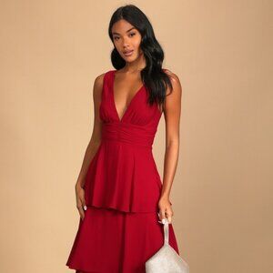 Lulus Celebration Time Red Sleeveless Tiered Midi Dress - Size S